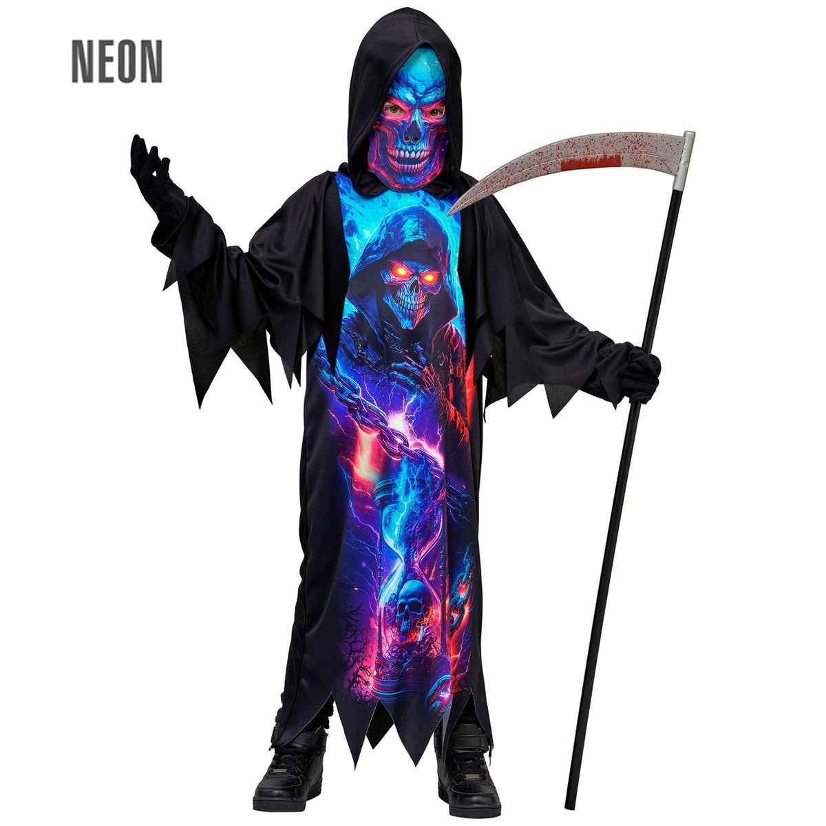 Op deze afbeelding zie je een Kostuums, van het merk Widmann. Neon Grim Reaper Kind Kostuum