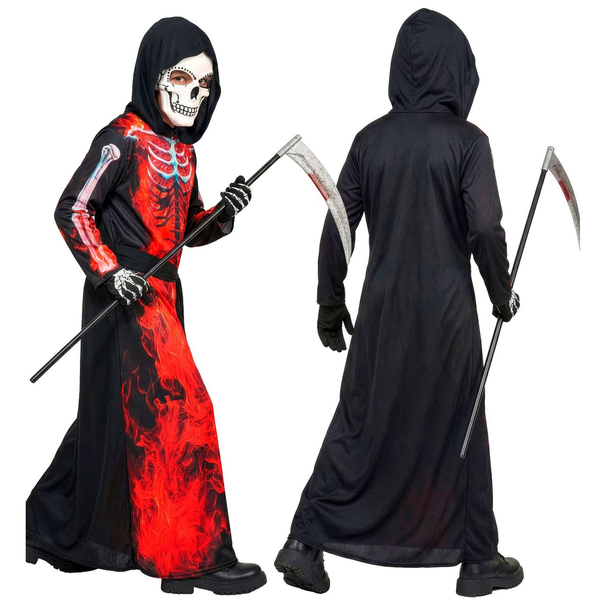 Op deze afbeelding zie je een Kostuums, van het merk Widmann. Burning Grim Reaper Jongen Kostuum