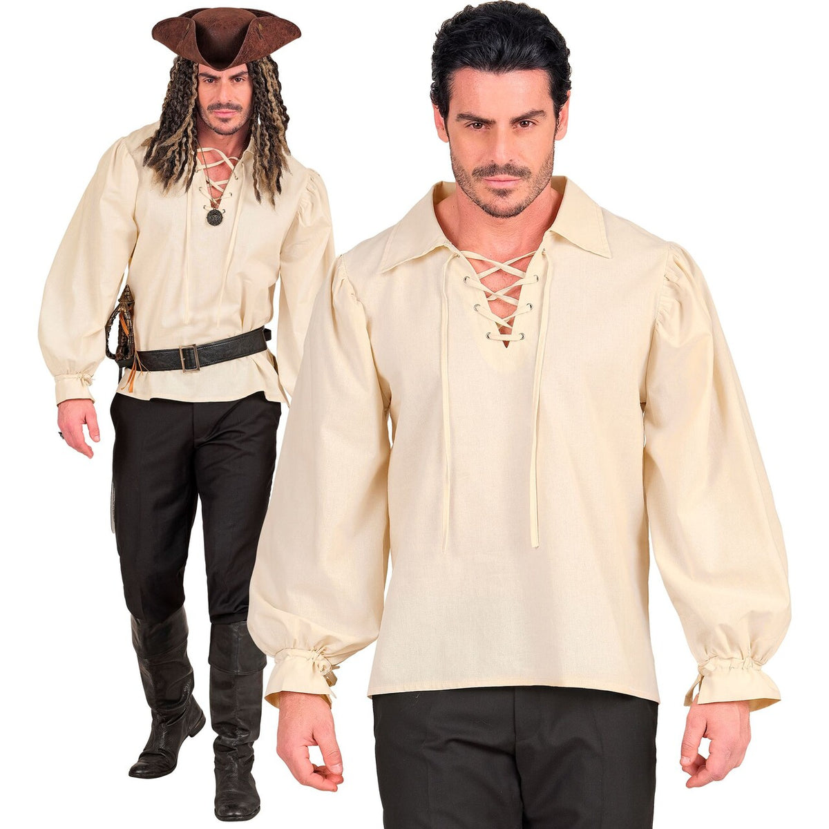 Op deze afbeelding zie je een Kostuums, van het merk Widmann. Beige Shirt Middeleeuwen Of Piraat Man