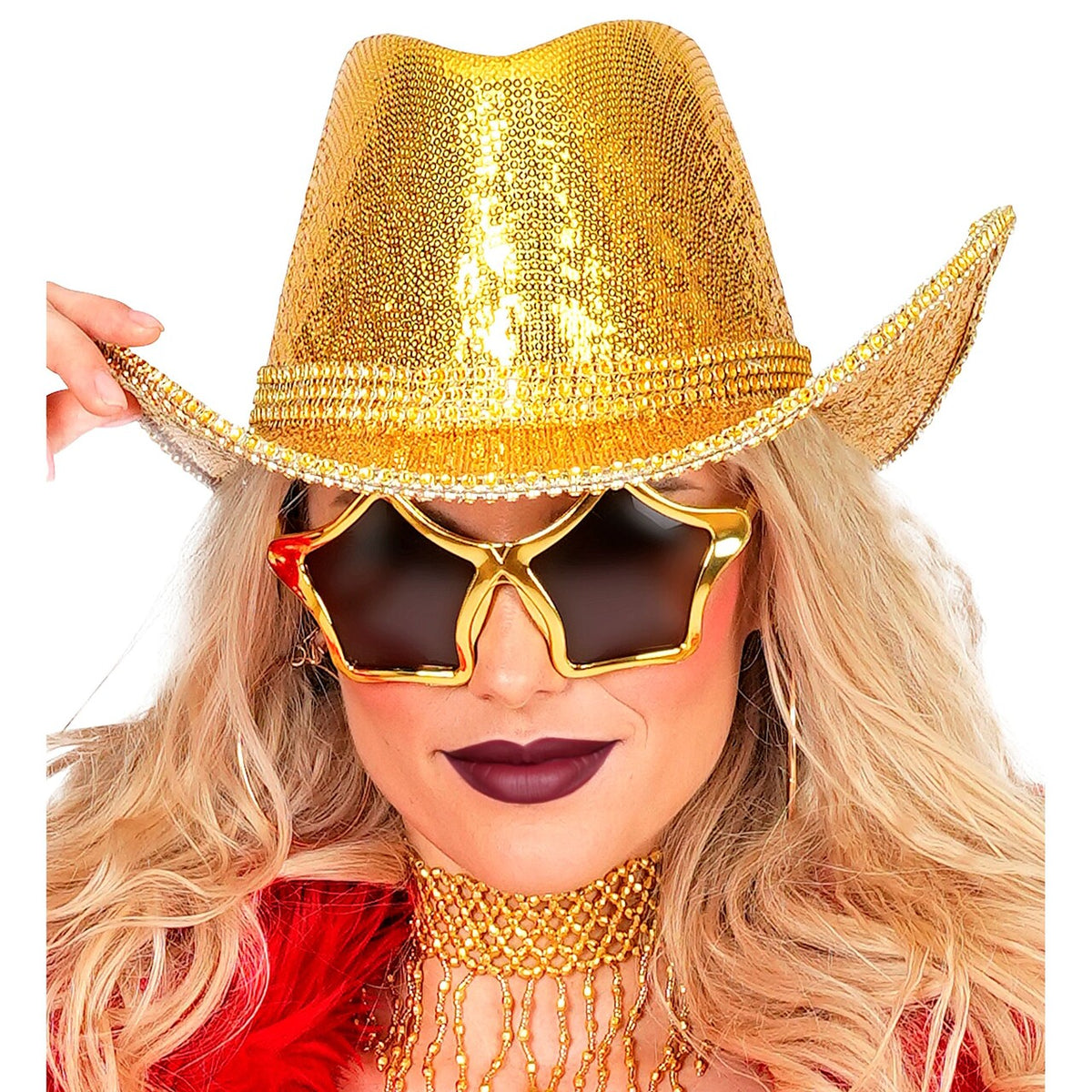 Op deze afbeelding zie je een Accessoires, van het merk Widmann. Gouden Glitter Cowboyhoed Met Strass