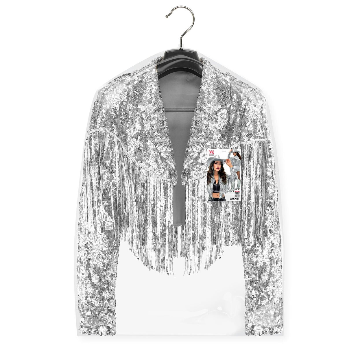 Op deze afbeelding zie je een Kostuums, van het merk Widmann. Silver Fever Glitter & Franje Jas Vrouw