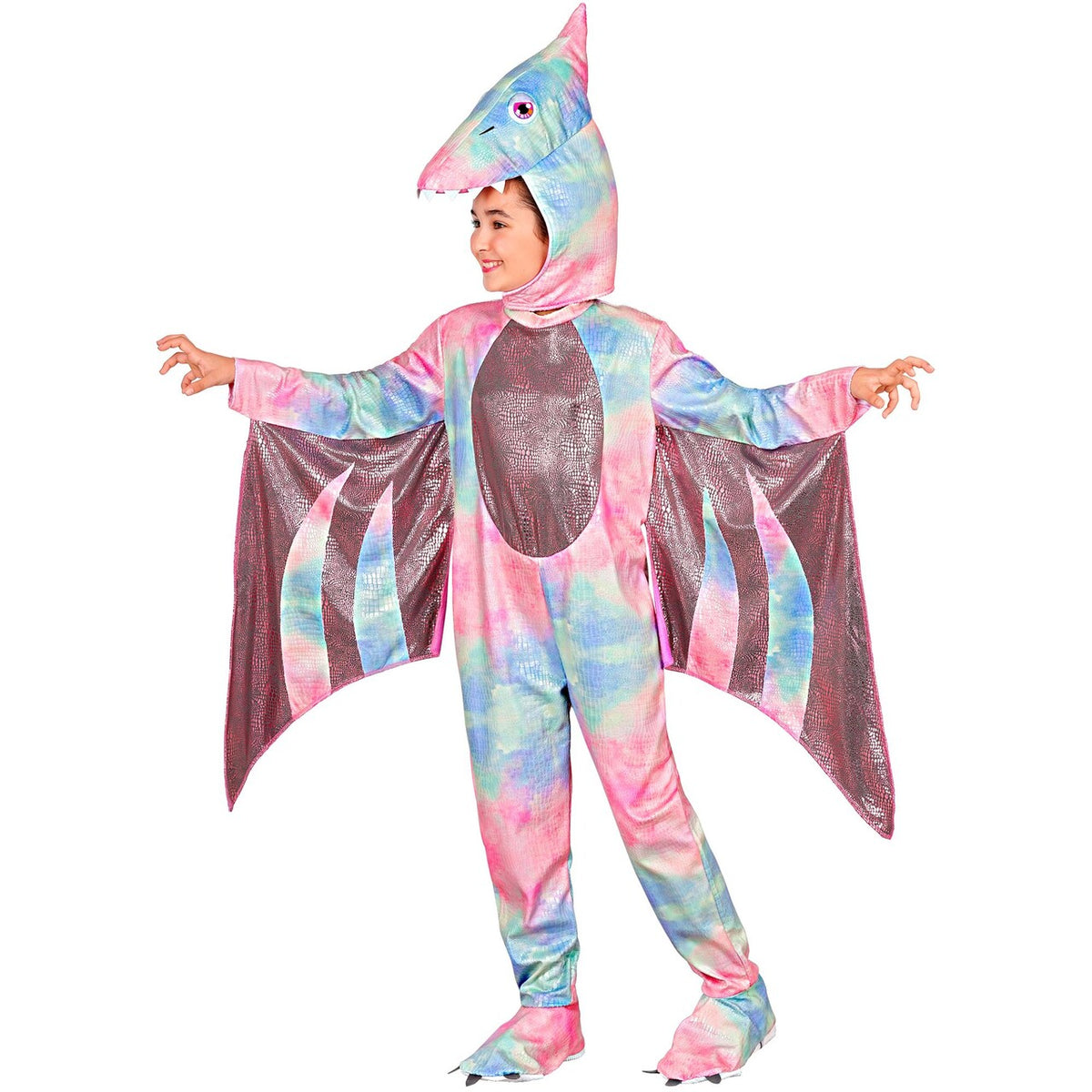 Op deze afbeelding zie je een Kostuums, van het merk Widmann. Kleurrijke Pterodactylus Meisje Kostuum