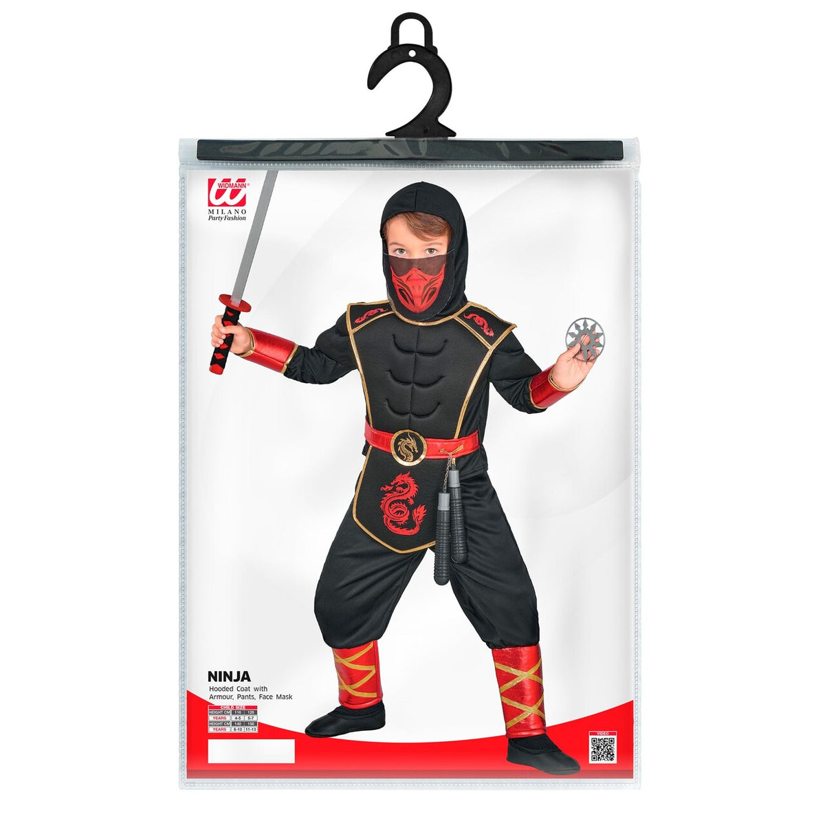 Op deze afbeelding zie je een Kostuums, van het merk Widmann. Red Ninja Warrior Jongen Kostuum