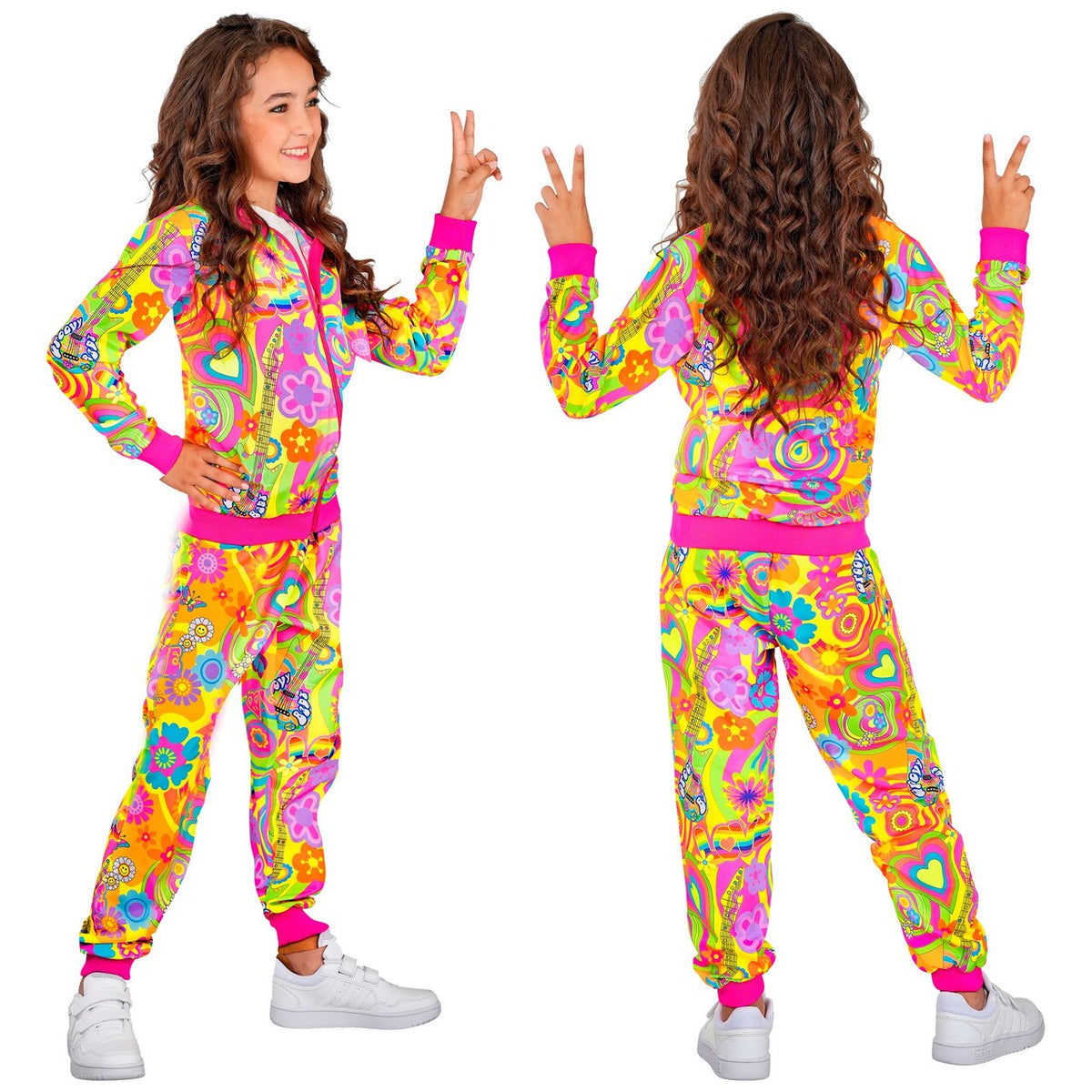 Op deze afbeelding zie je een Kostuums, van het merk Widmann. Neon Groovy Love Trainingspak Kind Kostuum