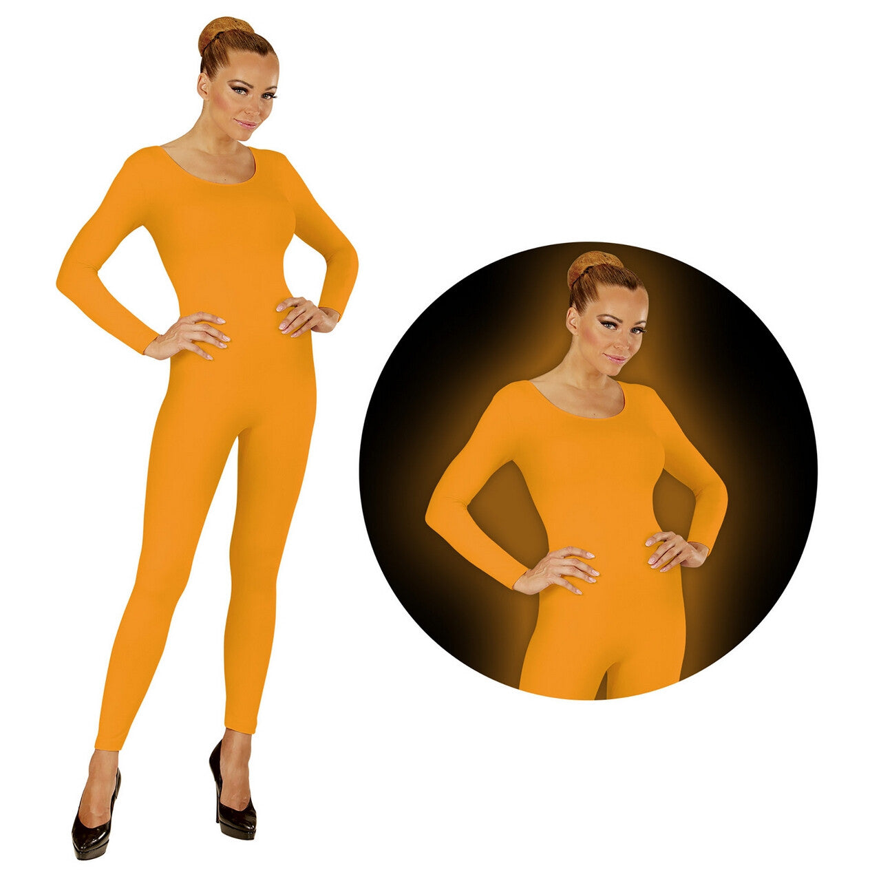Op deze afbeelding zie je een Kostuums, van het merk Widmann. Neon Oranje Bodysuit Glow Vrouw Kostuum