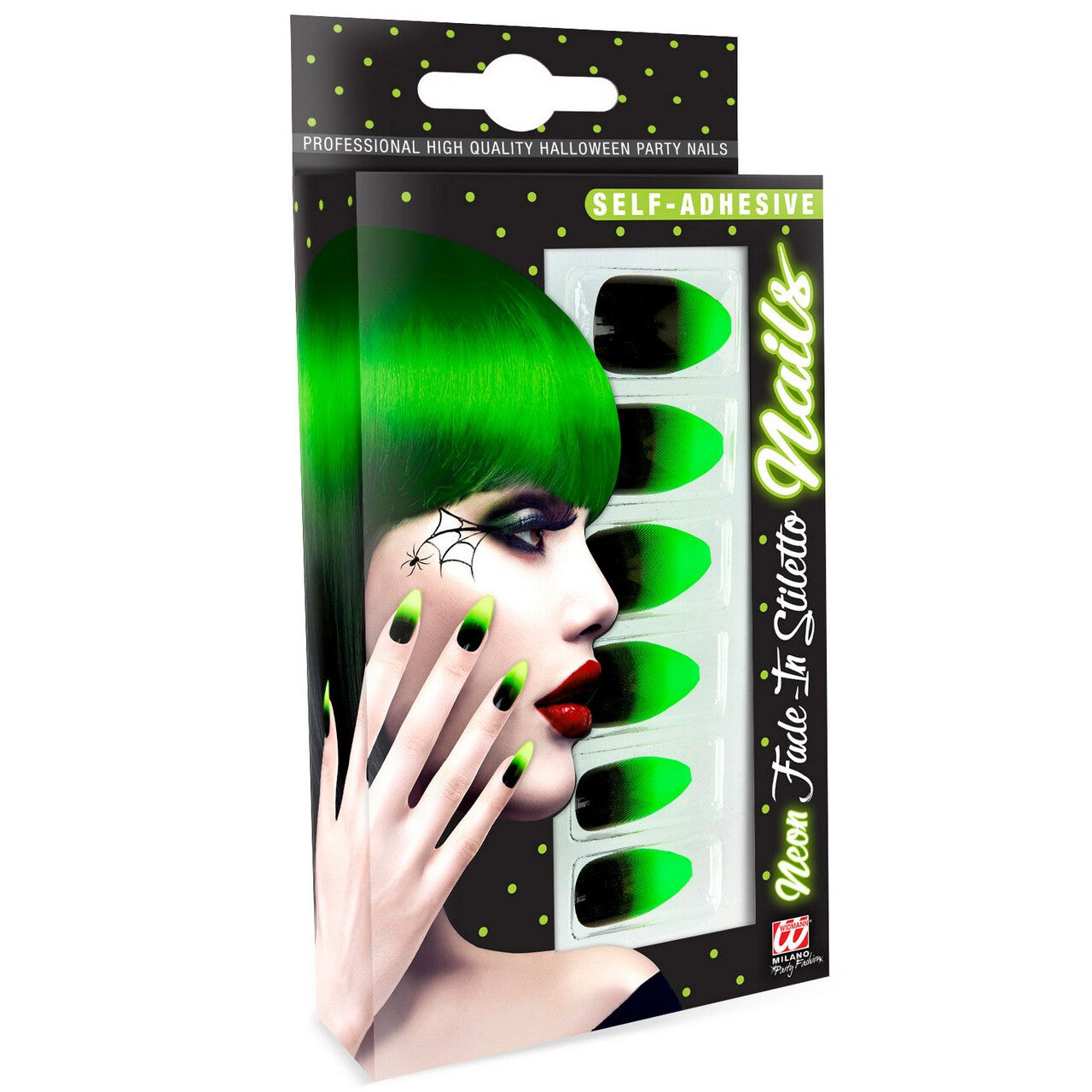Op deze afbeelding zie je een Accessoires, van het merk Widmann. Duivelin Nagels Stiletto Zwart / Neon Groen