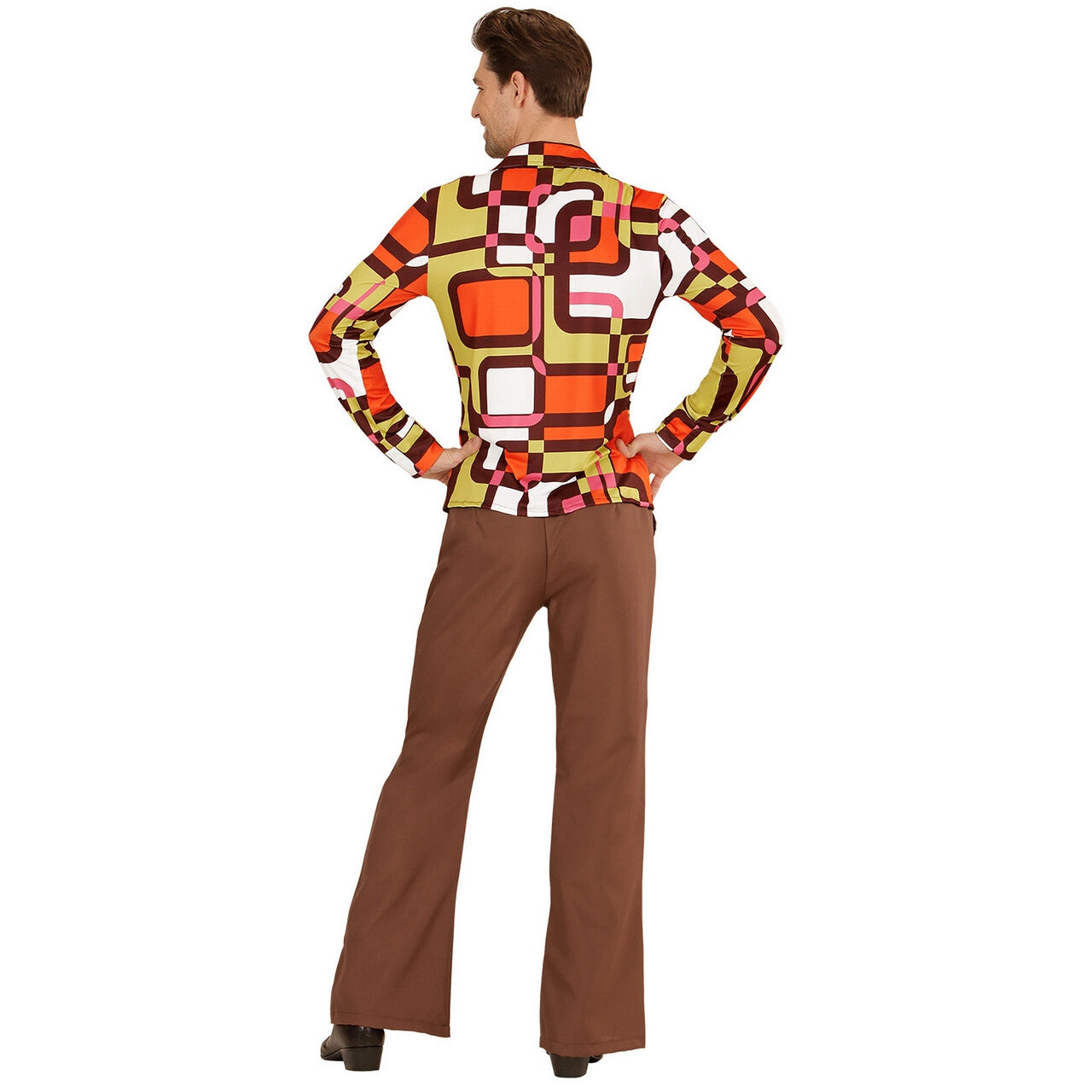 Op deze afbeelding zie je een Kostuums, van het merk Widmann. Groovy Garry 70s Oranje Heren Shirt, Buizen Man
