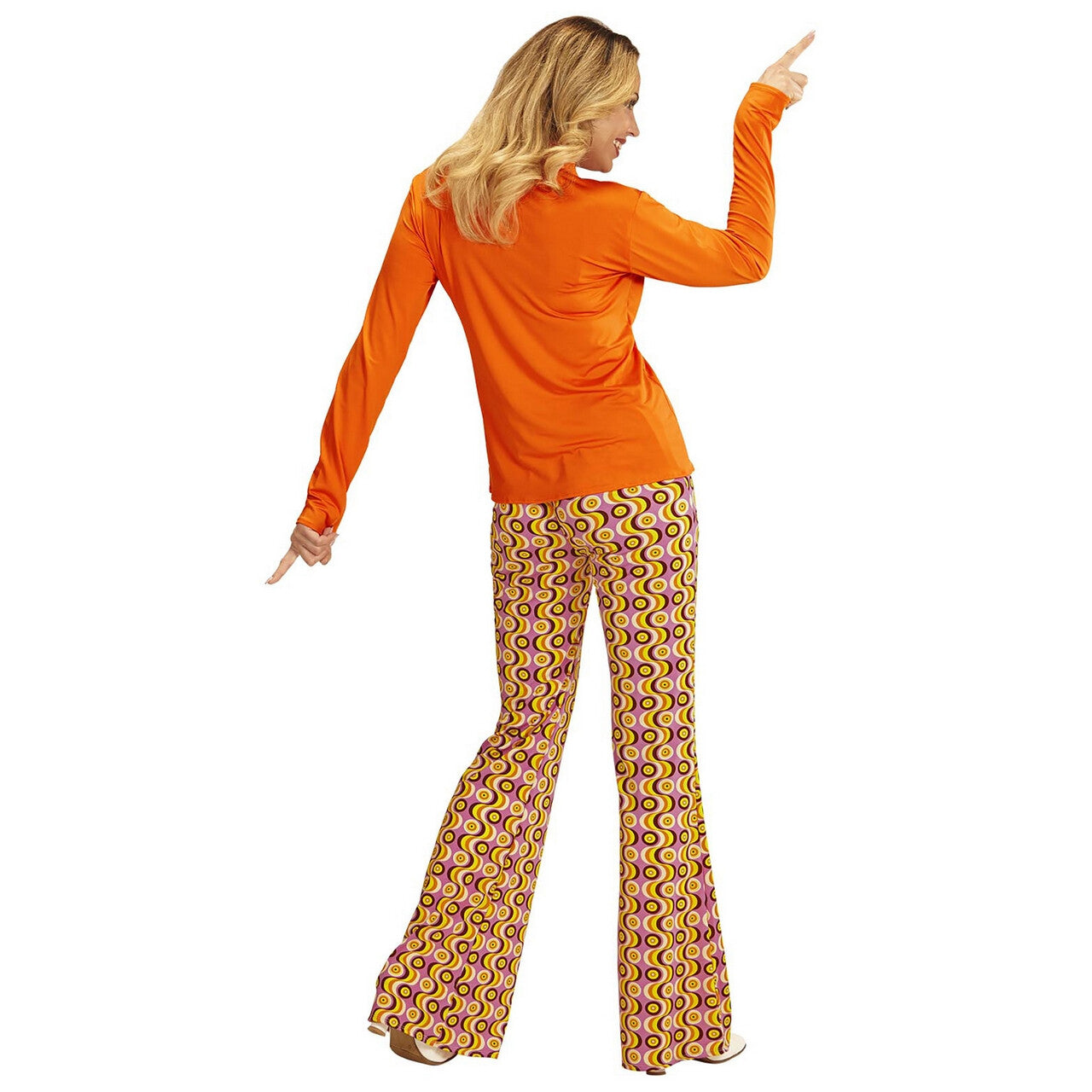 Op deze afbeelding zie je een Kostuums, van het merk Widmann. Groovy Gina 70s Dames Shirt, Oranje Vrouw