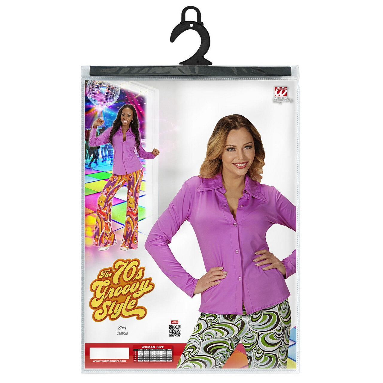 Op deze afbeelding zie je een Kostuums, van het merk Widmann. Groovy Gina 70s Dames Shirt, Paars Vrouw