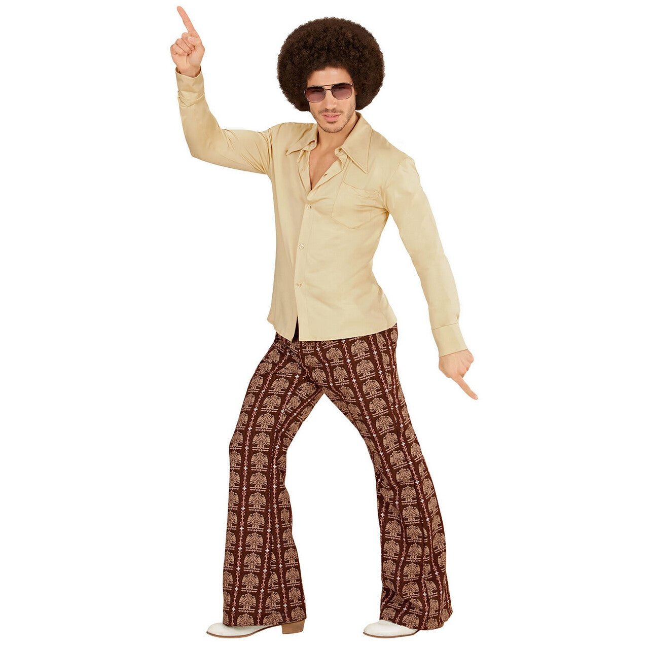 Op deze afbeelding zie je een Kostuums, van het merk Widmann. Groovy Garry 70s Heren Shirt, Beige Man