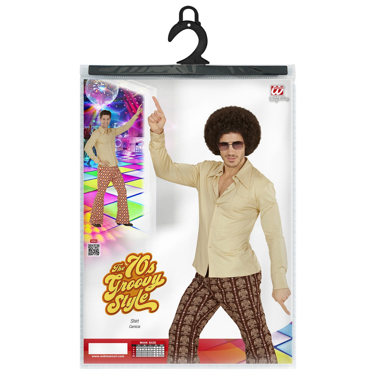 Op deze afbeelding zie je een Kostuums, van het merk Widmann. Groovy Garry 70s Heren Shirt, Beige Man