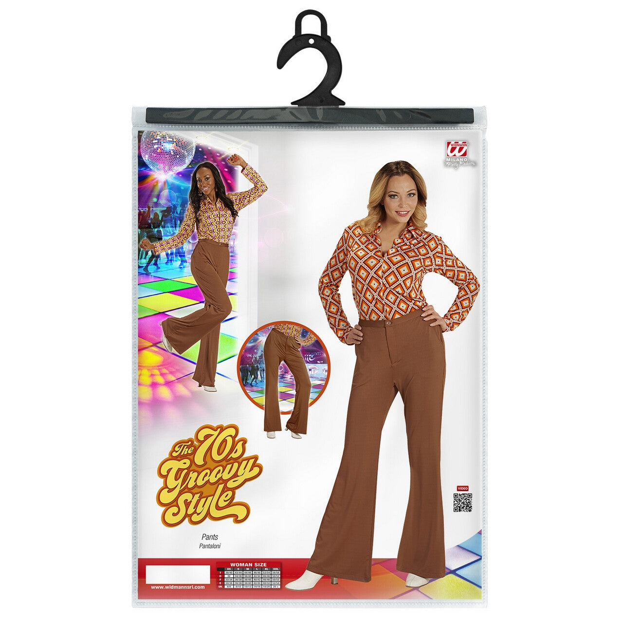 Op deze afbeelding zie je een Kostuums, van het merk Widmann. Groovy Gwendolyn 70s Dames Broek, Bruin Vrouw