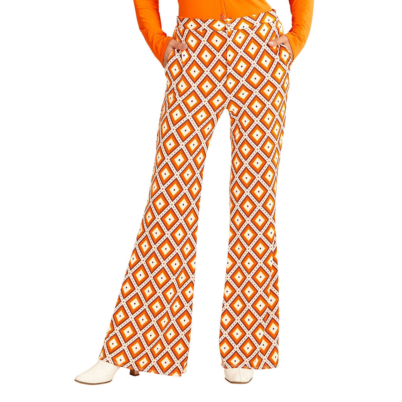 Op deze afbeelding zie je een Kostuums, van het merk Widmann. Groovy Gwendolyn 70s Dames Broek, Ruit Vrouw