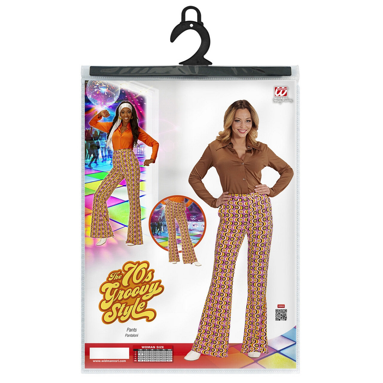 Op deze afbeelding zie je een Kostuums, van het merk Widmann. Groovy Gwendolyn 70s Dames Broek, Lps Vrouw