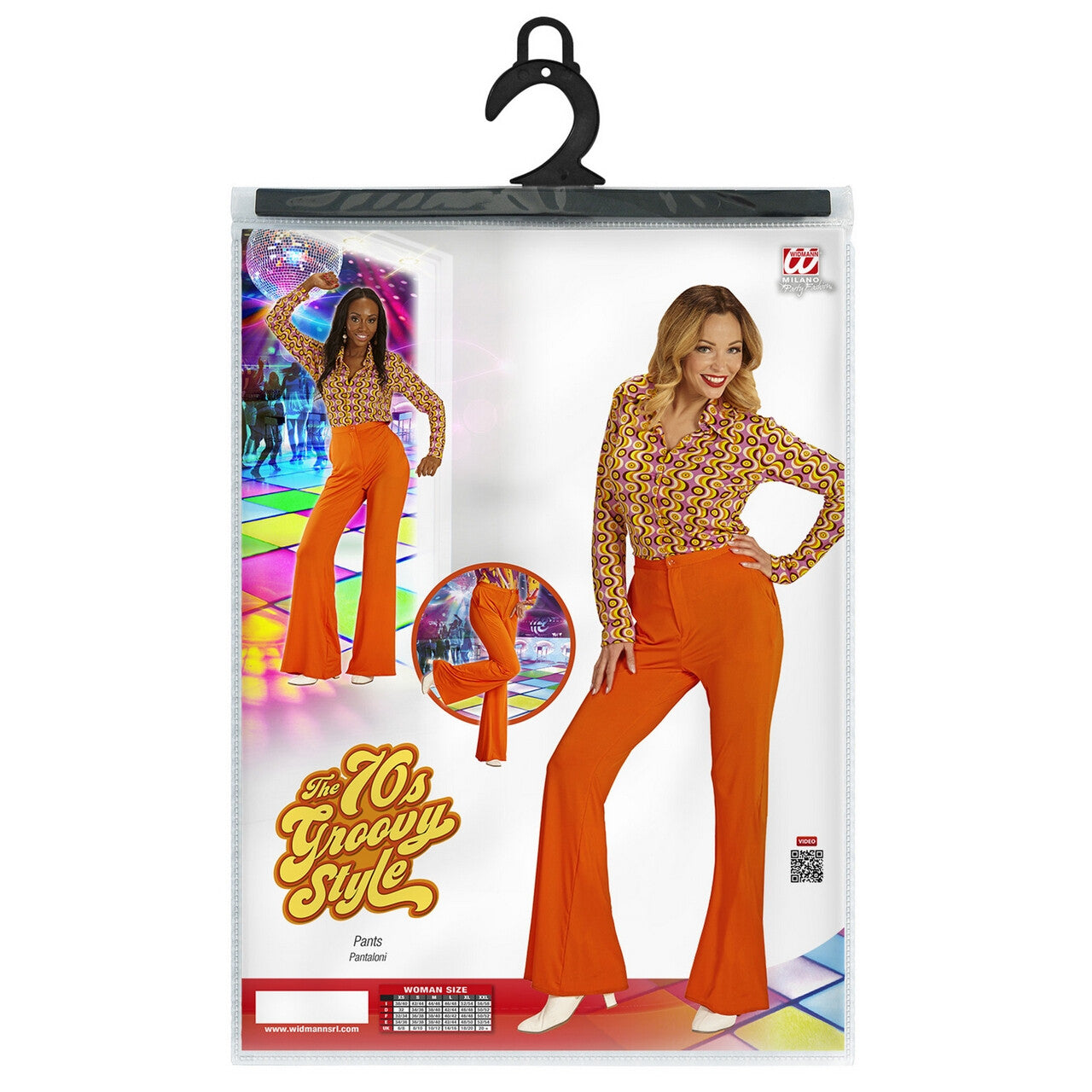 Op deze afbeelding zie je een Kostuums, van het merk Widmann. Groovy Gwendolyn 70s Dames Broek, Oranje Vrouw