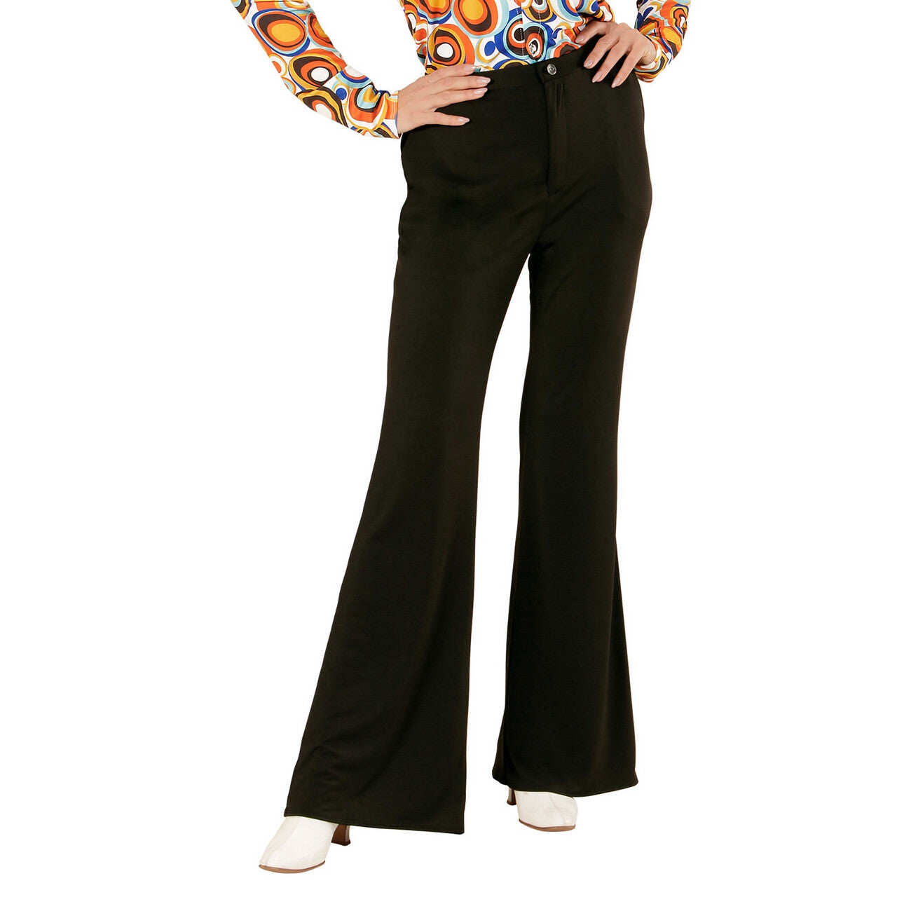 Op deze afbeelding zie je een Kostuums, van het merk Widmann. Groovy Gwendolyn 70s Dames Broek, Zwart Vrouw