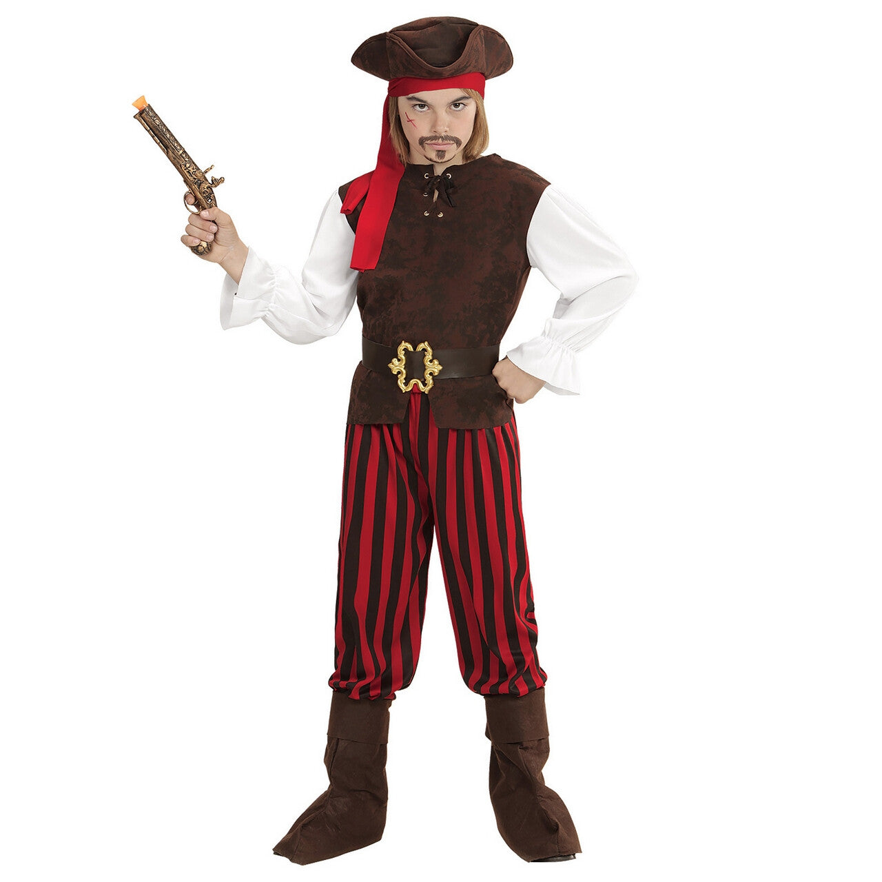 Op deze afbeelding zie je een Kostuums, van het merk Widmann. Caribische Piratenjongen Carlos Kostuum