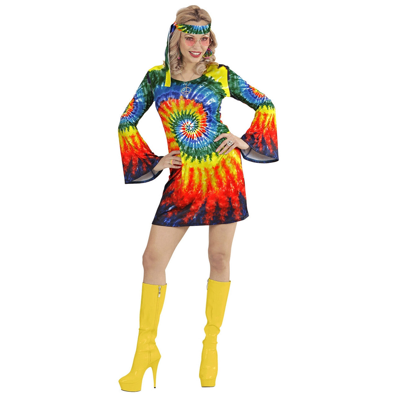 Op deze afbeelding zie je een Kostuums, van het merk Widmann. Psychedelische Tie Dye Hippie Vrouw Kostuum