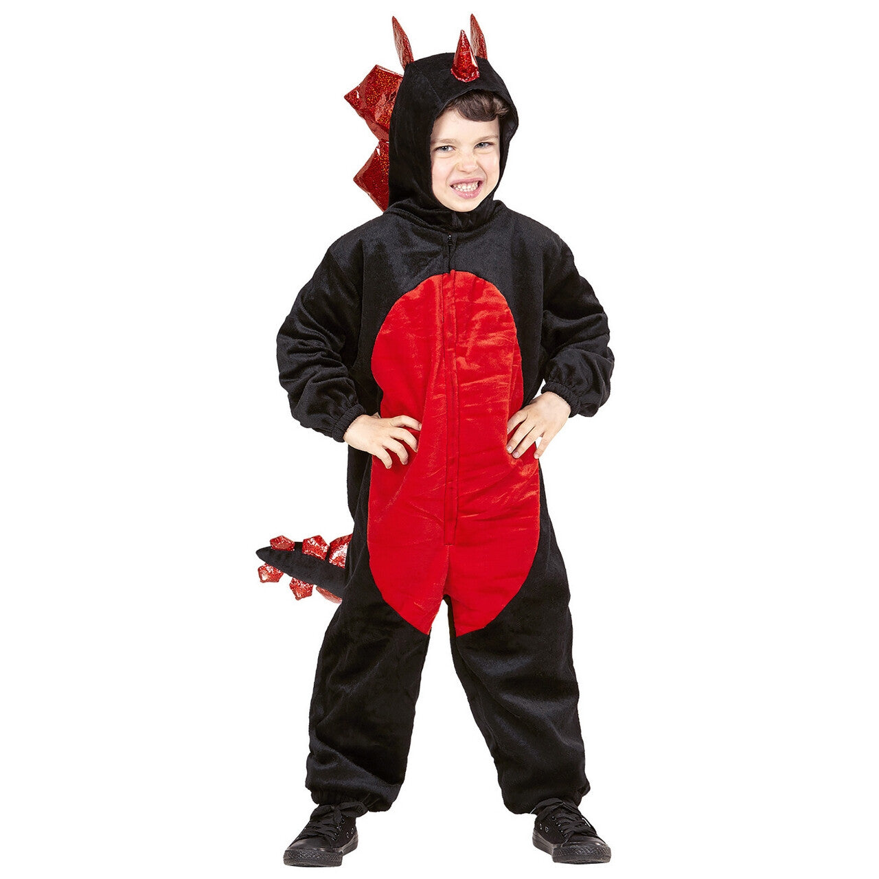 Op deze afbeelding zie je een Kostuums, van het merk Widmann. Zwarte Pluche Draak Roodbuik Jongen Kostuum