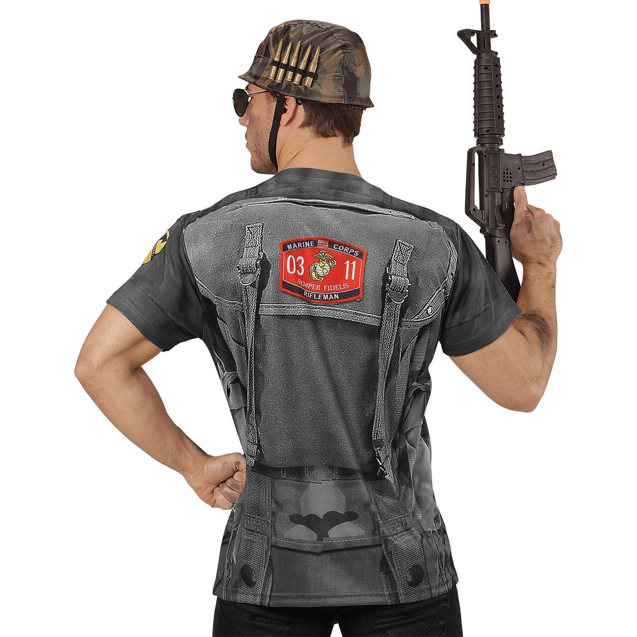 Op deze afbeelding zie je een Kostuums, van het merk Widmann. T-Shirt Marine Corps Camouflage Grijs Man