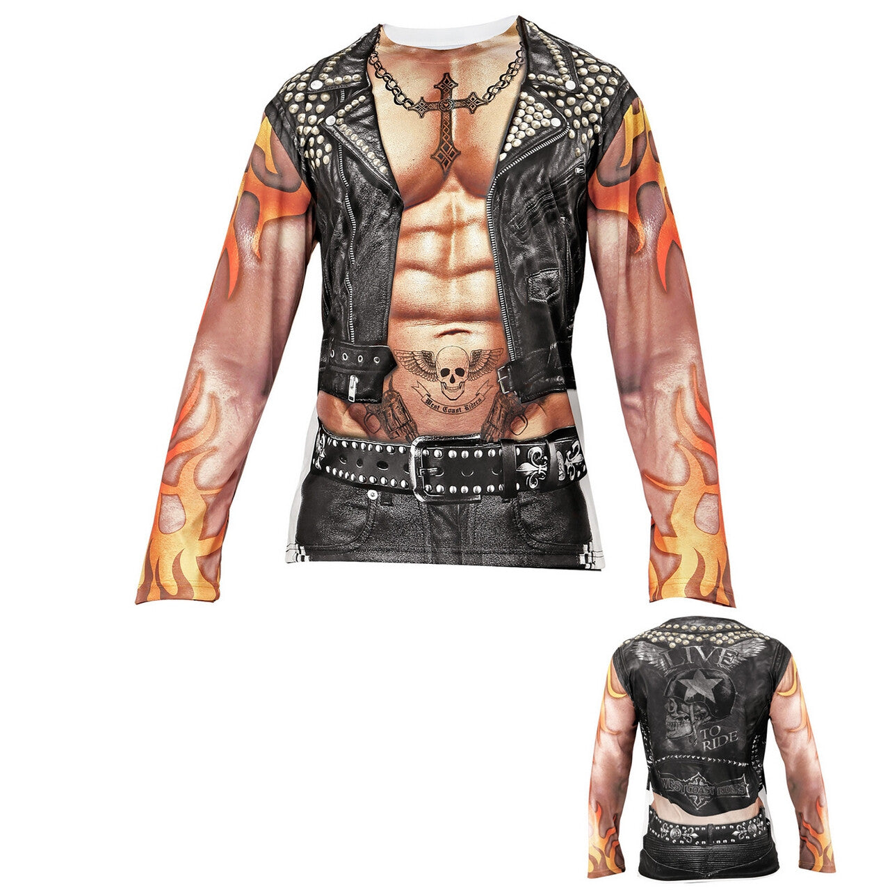 Op deze afbeelding zie je een Kostuums, van het merk Widmann. Lange Mouwen Rocker / Biker Tattoo T-Shirt Man