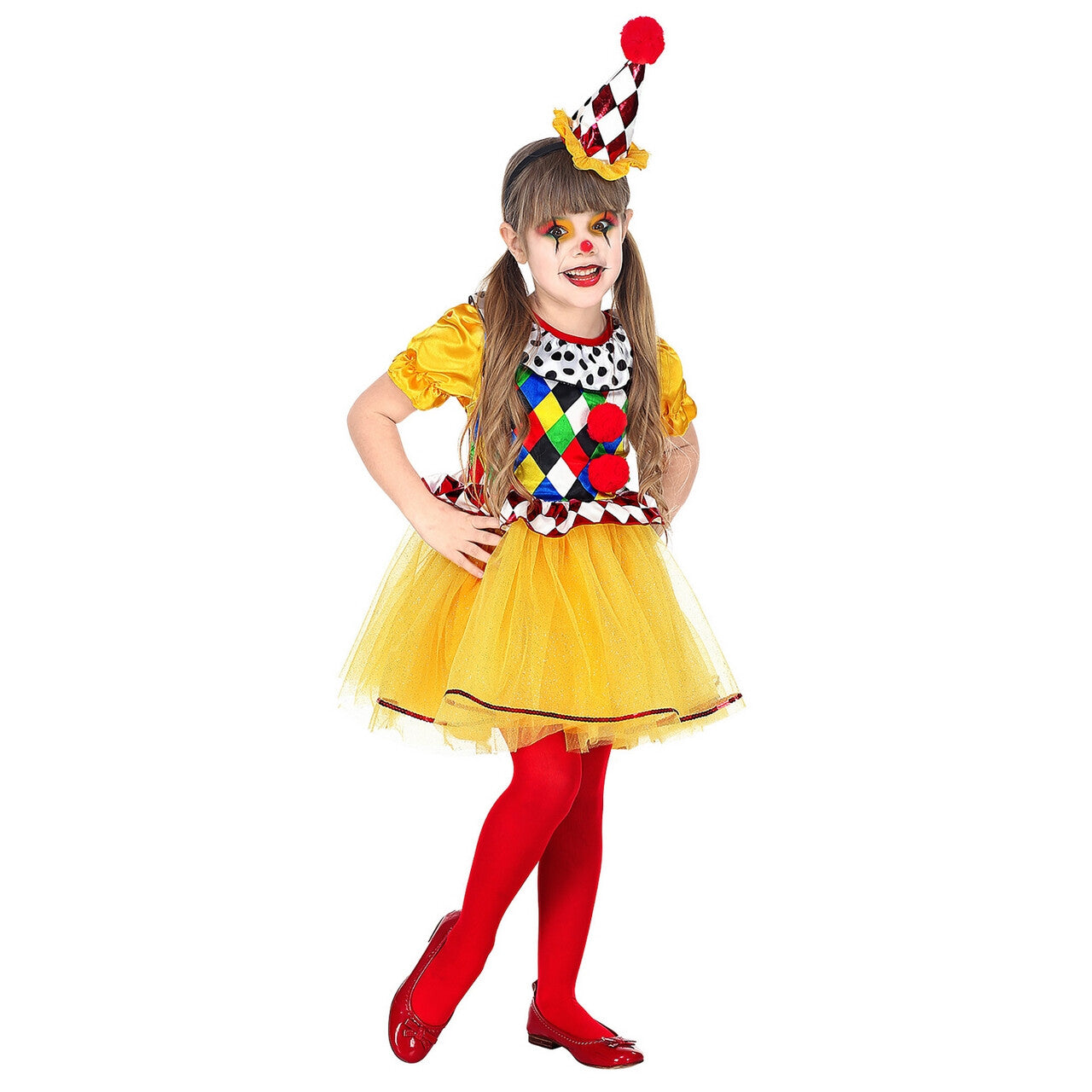 Op deze afbeelding zie je een Kostuums, van het merk Widmann. Jolige Clown Vrolijke Kleuren Meisje Kostuum