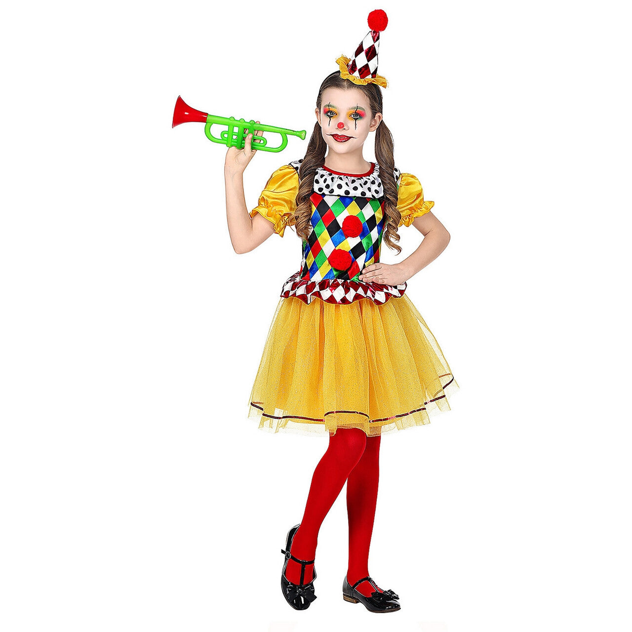 Op deze afbeelding zie je een Kostuums, van het merk Widmann. Jolige Clown Vrolijke Kleuren Meisje Kostuum