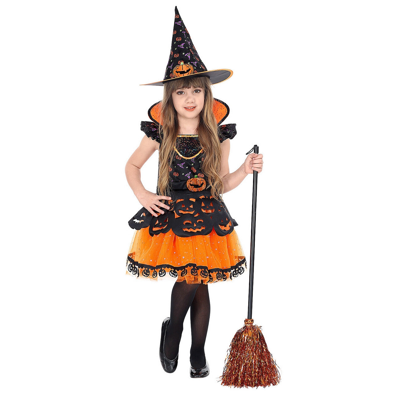 Op deze afbeelding zie je een Kostuums, van het merk Widmann. Pompoen Heks Halloween Meisje Kostuum