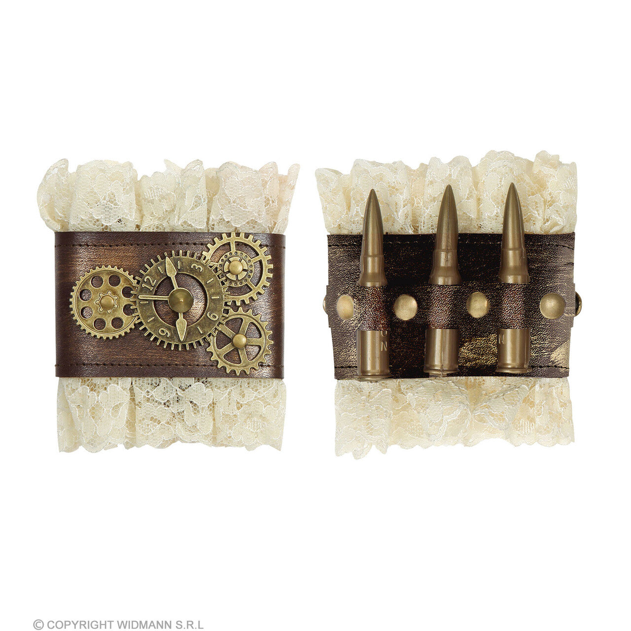 Op deze afbeelding zie je een Accessoires, van het merk Widmann. Steampunk Manchetten Met Kogels En Radertjes