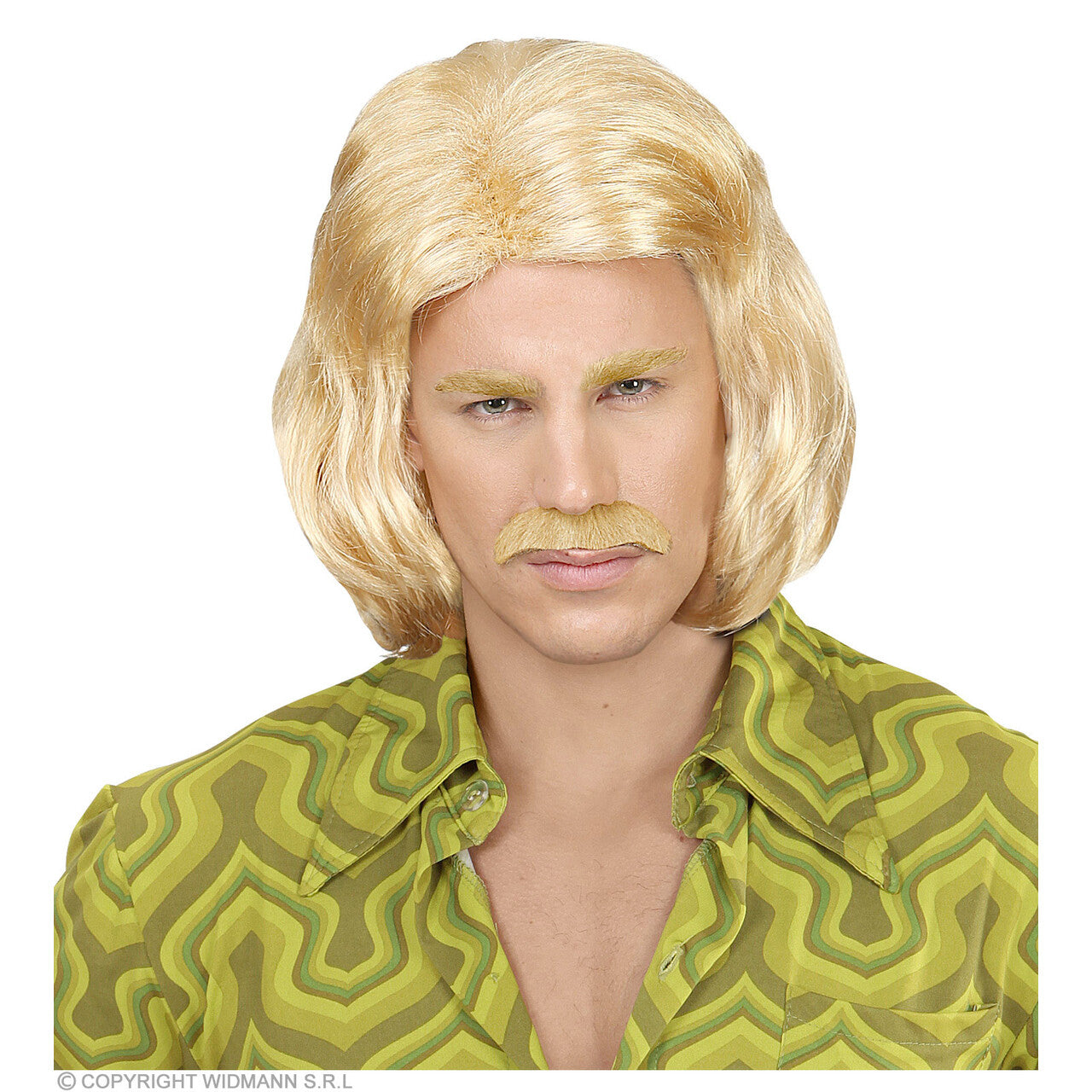Op deze afbeelding zie je een Accessoires, van het merk Widmann. Foute Blonde 70s Dandy Pruik En Snor