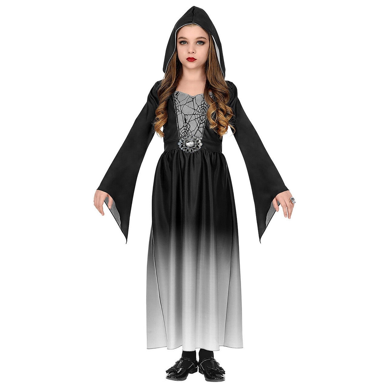 Op deze afbeelding zie je een Kostuums, van het merk Widmann. Gotische Schone Vanessa Zwart Grijs Meisje Kostuum