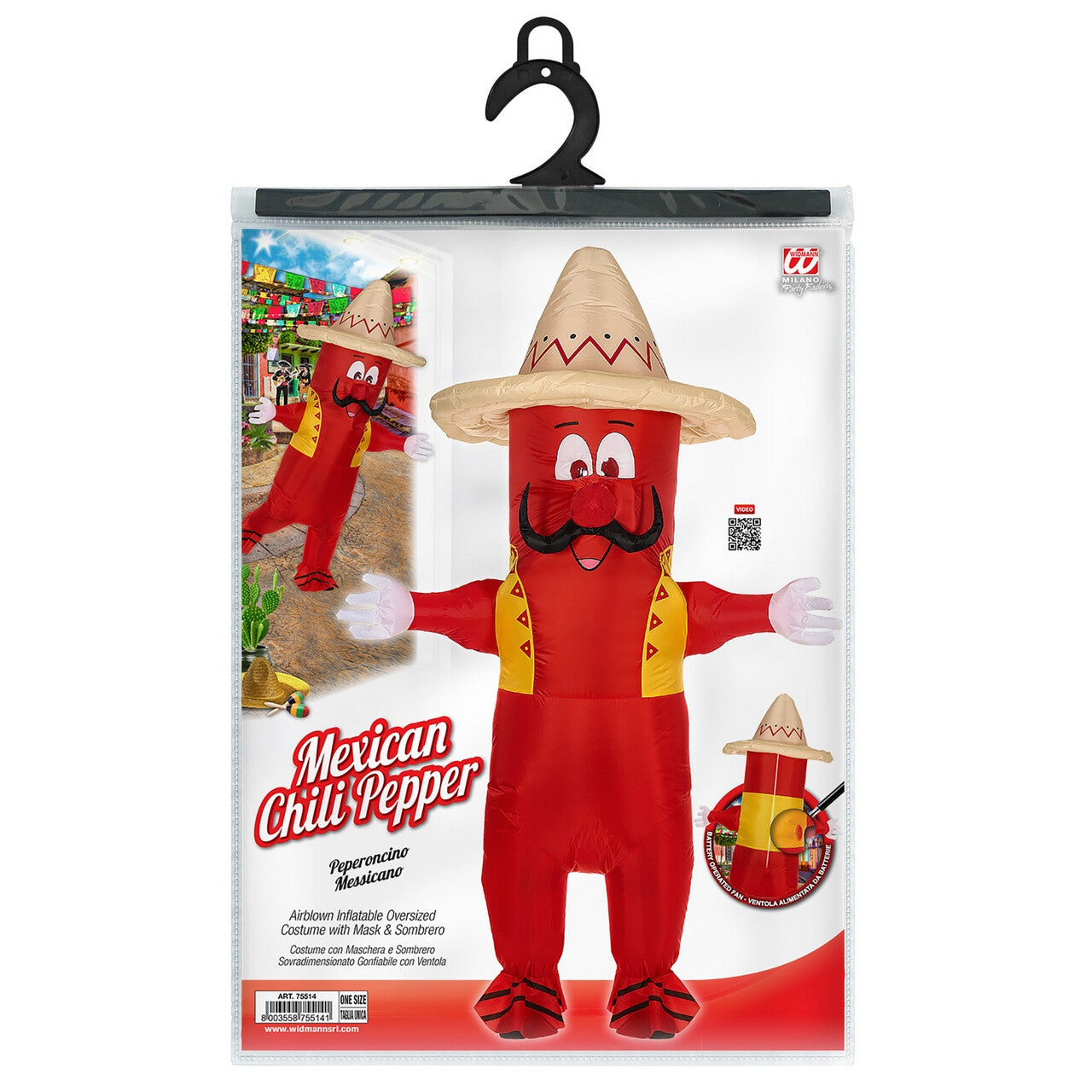 Op deze afbeelding zie je een Kostuums, van het merk Widmann. Opblaasbaar Mexicaans Hete Chili Pepper Kostuum