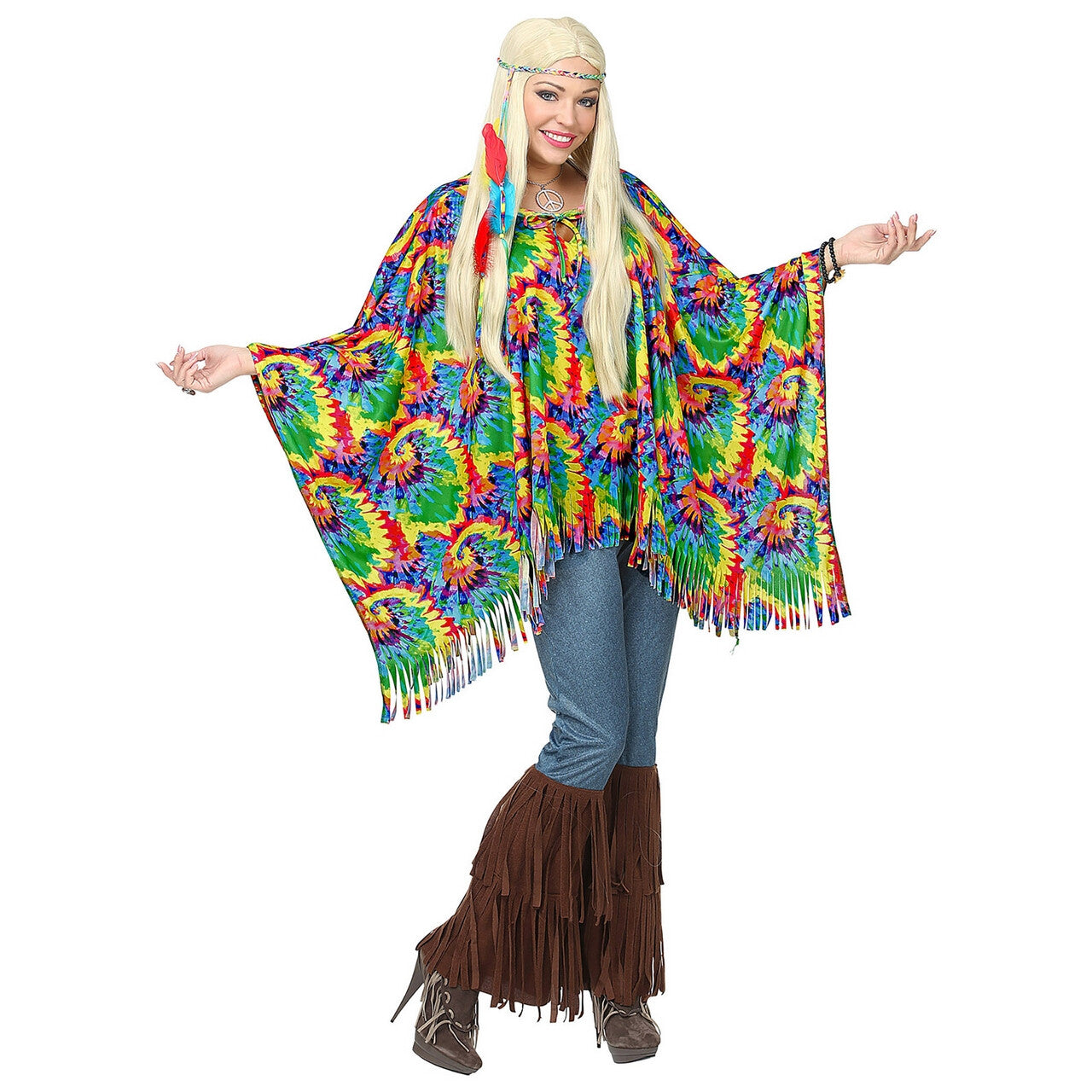 Op deze afbeelding zie je een Kostuums, van het merk Widmann. Hippie Poncho Wild Patroon Met Hoofdband Vrouw Kostuum