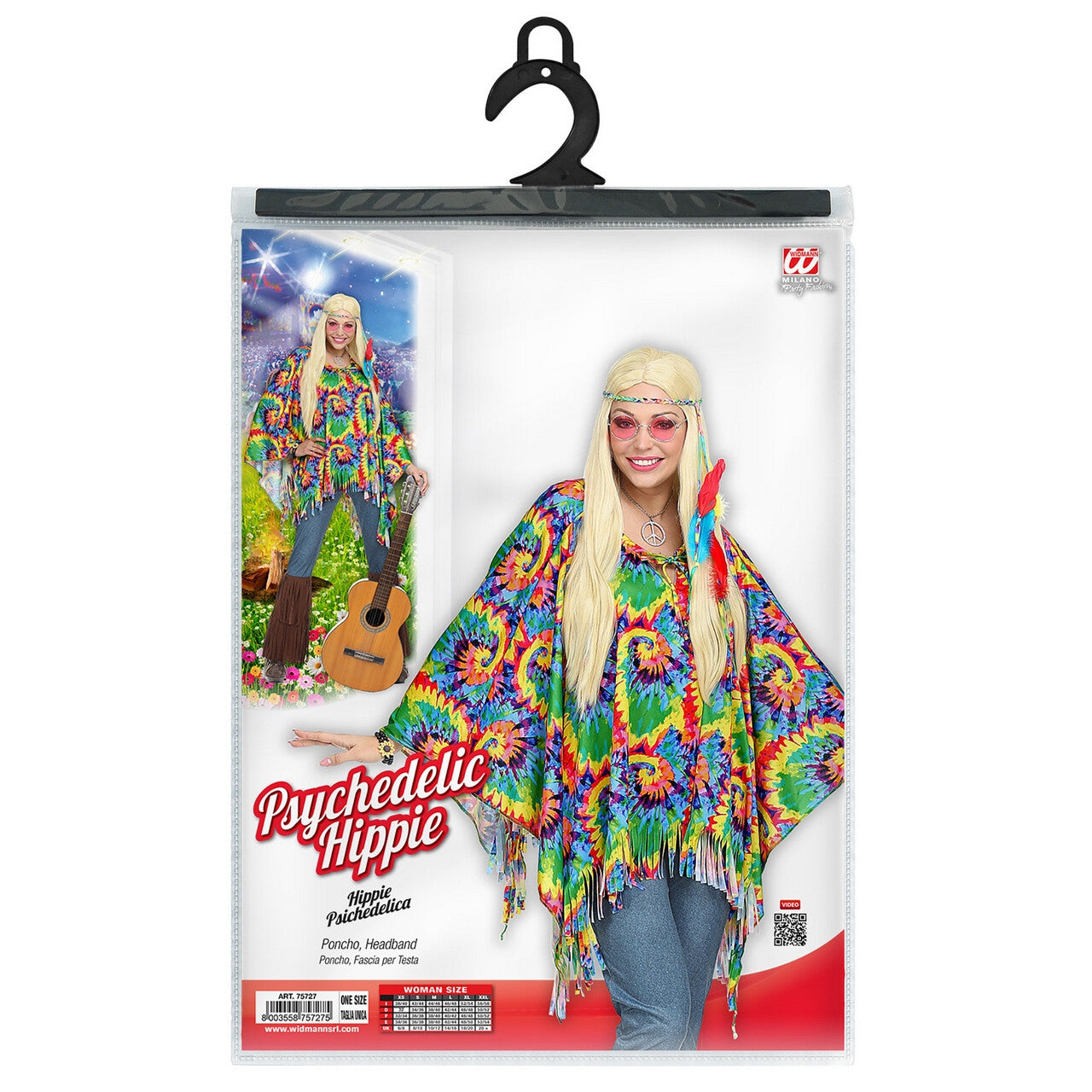 Op deze afbeelding zie je een Kostuums, van het merk Widmann. Hippie Poncho Wild Patroon Met Hoofdband Vrouw Kostuum
