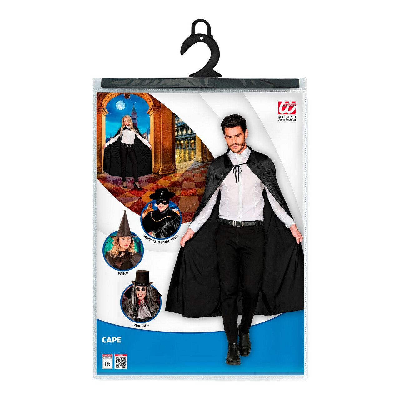 Op deze afbeelding zie je een Accessoires, van het merk Widmann. Lange Zwarte Cape Goochelaar 136 Centimeter