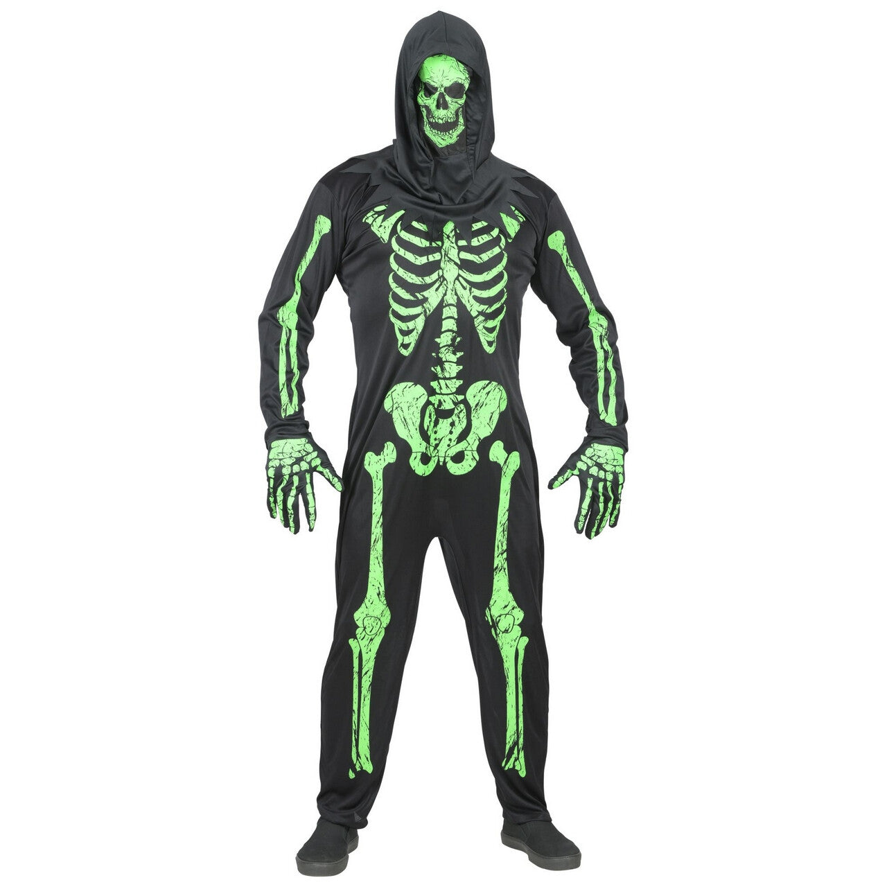 Op deze afbeelding zie je een Kostuums, van het merk Widmann. Gruwelijk Groen Neon Skelet Man Kostuum