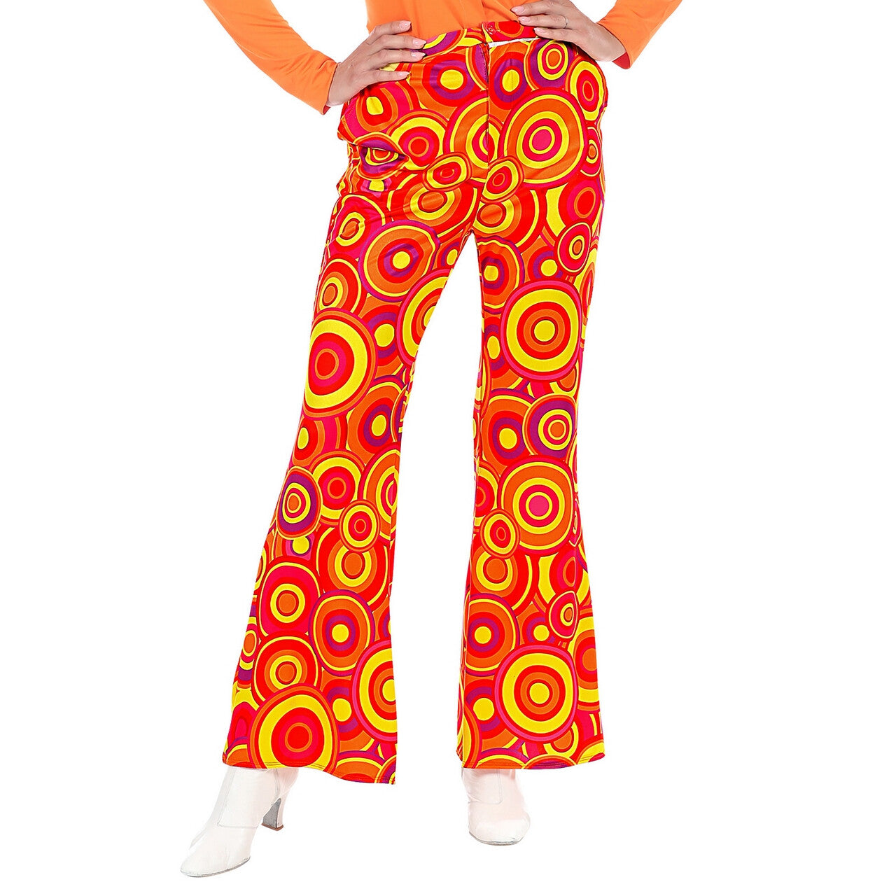 Op deze afbeelding zie je een Kostuums, van het merk Widmann. Knaloranje Jaren 70 Koningin Van De Dansvloer Broek Vrouw