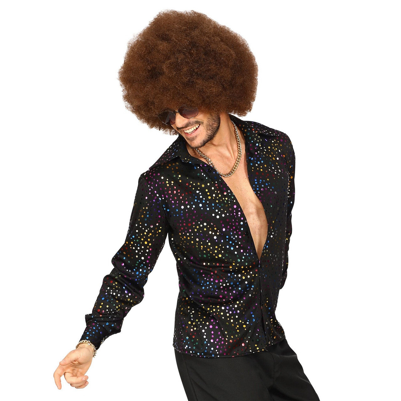 Op deze afbeelding zie je een Kostuums, van het merk Widmann. Groovy Style Disco Zwarte Stippen Shirt 70s Man