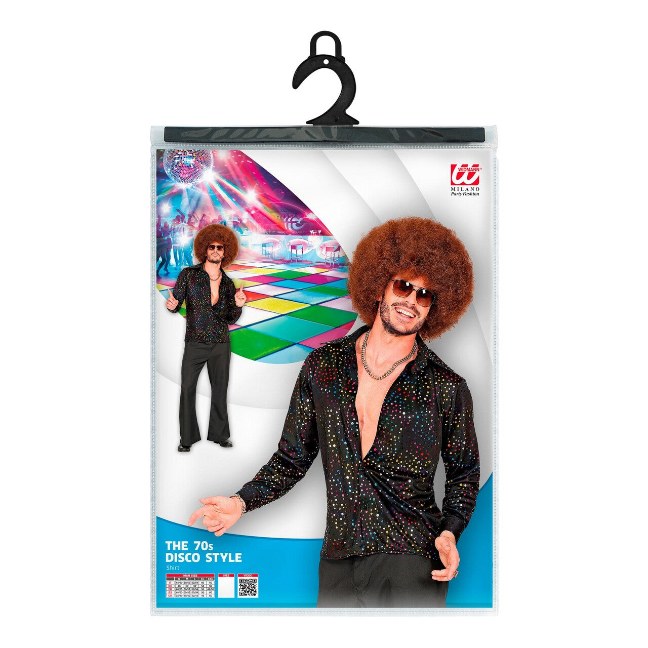 Op deze afbeelding zie je een Kostuums, van het merk Widmann. Groovy Style Disco Zwarte Stippen Shirt 70s Man