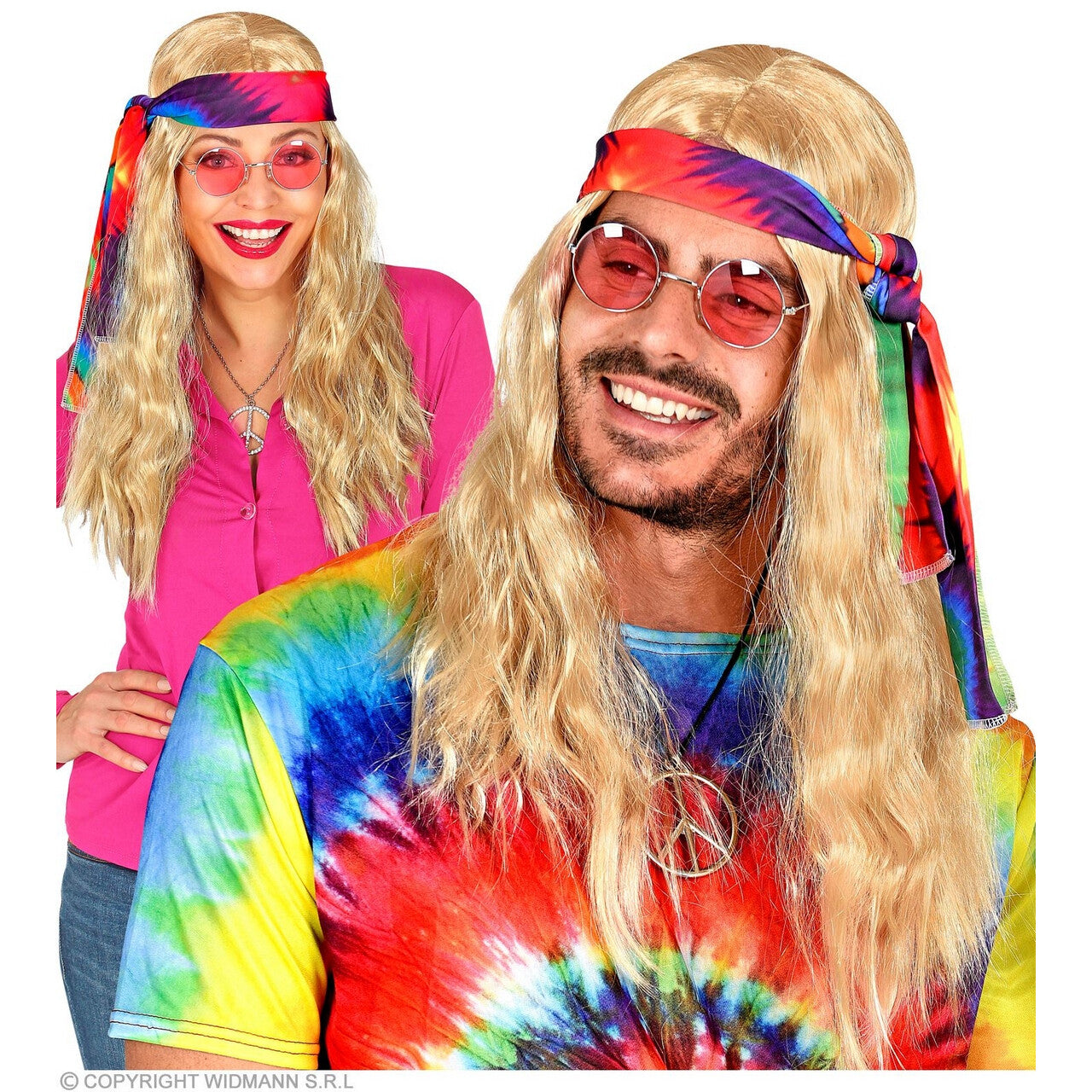 Op deze afbeelding zie je een Accessoires, van het merk Widmann. Hippie Pruik Met Hoofdband Tie Dye Blond