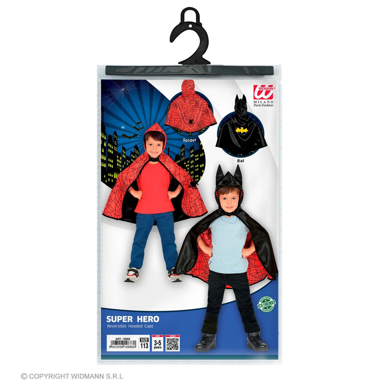 Op deze afbeelding zie je een Kostuums, van het merk Widmann. Batman Of Spiderman Omkeerbare Cape Kind