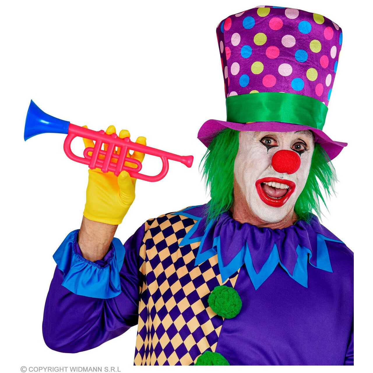 Op deze afbeelding zie je een Accessoires, van het merk Widmann. Blije Hoed Clown Stippie Met Gekleurde Stippen En Haar