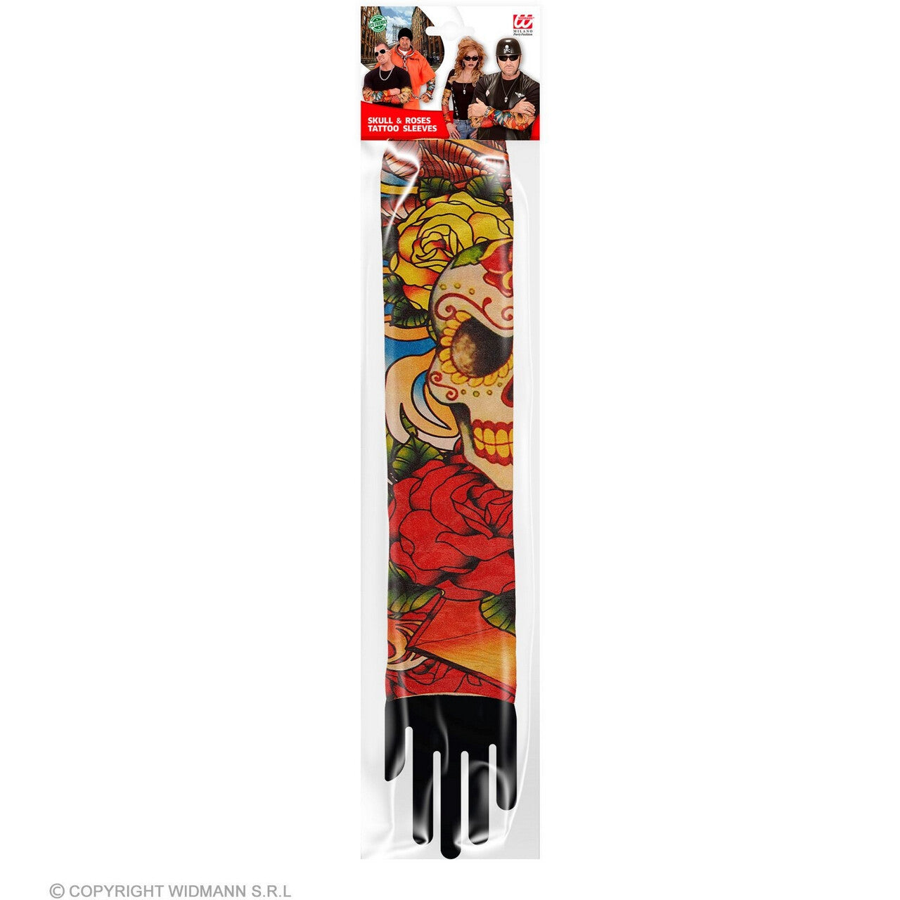 Op deze afbeelding zie je een Accessoires, van het merk Widmann. Gekleurde Tattoo Armsleeve Schedel En Rozen