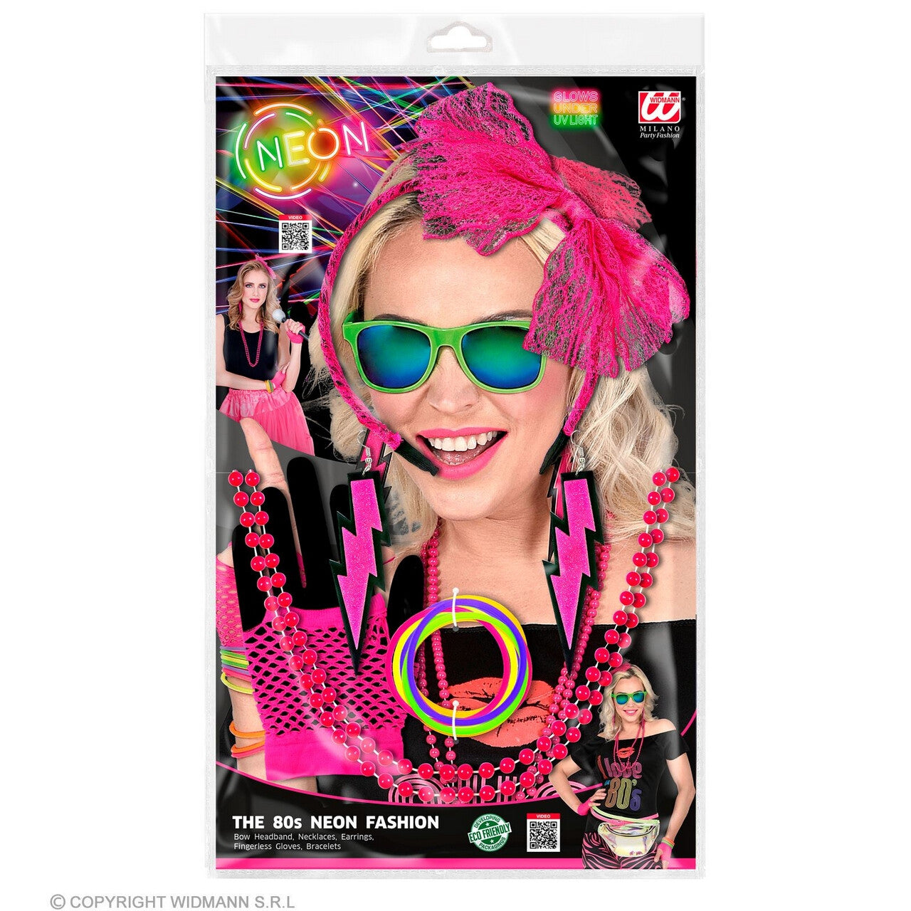 Op deze afbeelding zie je een Accessoires, van het merk Widmann. Jaren 80 Popstar Miley Set, Neon Roze