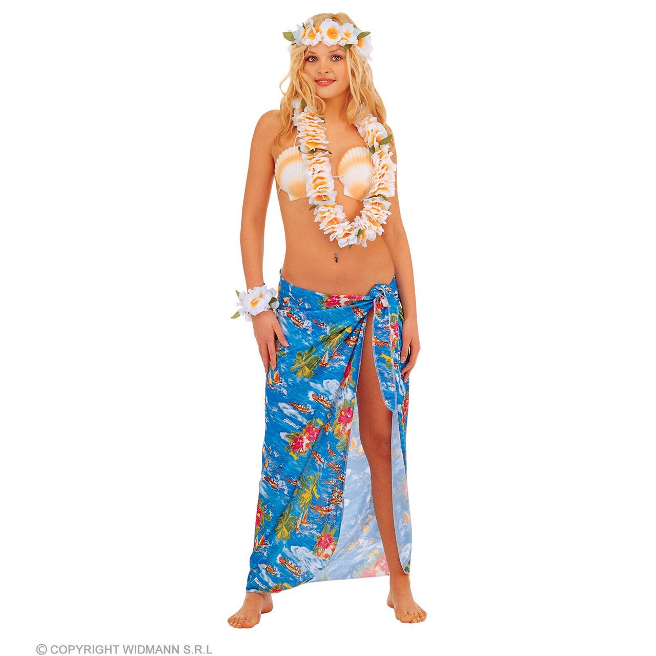 Op deze afbeelding zie je een Kostuums, van het merk Widmann. Omslagdoek Hawaii Beach Style Blauw Vrouw
