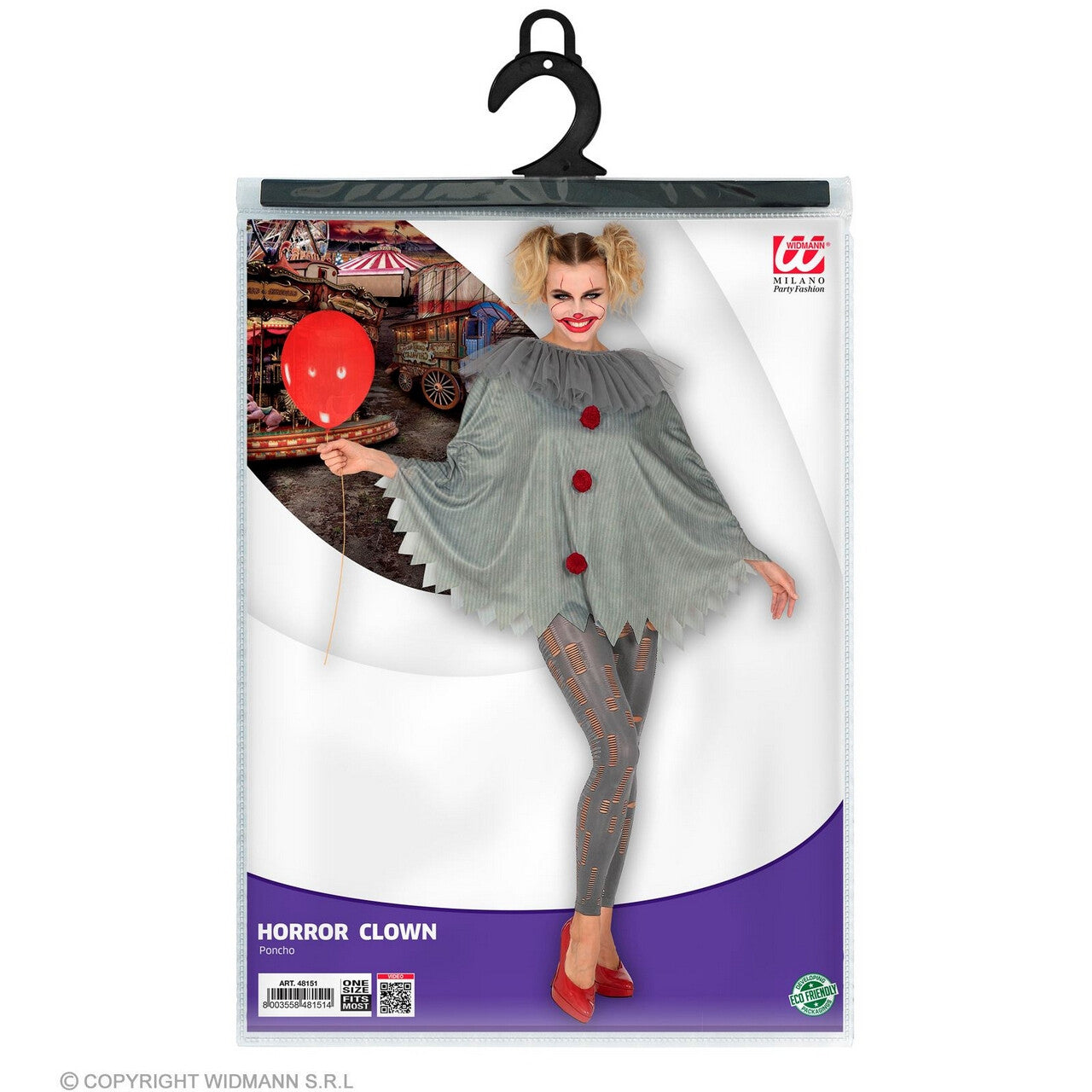 Op deze afbeelding zie je een Kostuums, van het merk Widmann. Horror Clown Penny Wijs Poncho