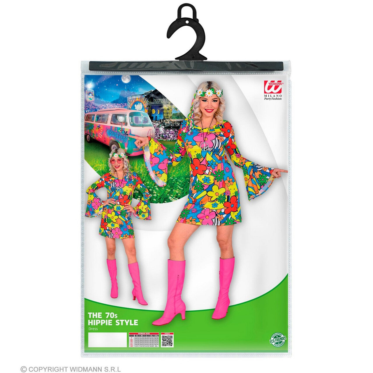 Op deze afbeelding zie je een Kostuums, van het merk Widmann. Flora Bora Seventies Hippie Vrouw Kostuum