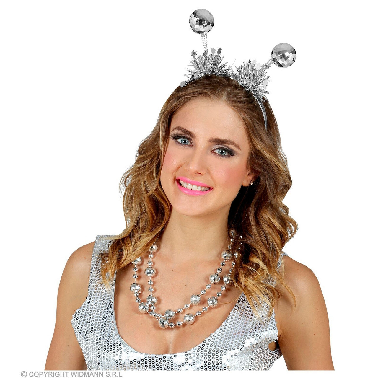 Op deze afbeelding zie je een Decoratie, van het merk Widmann. Hoofdbopper Met Knallende Discoballen Zilver