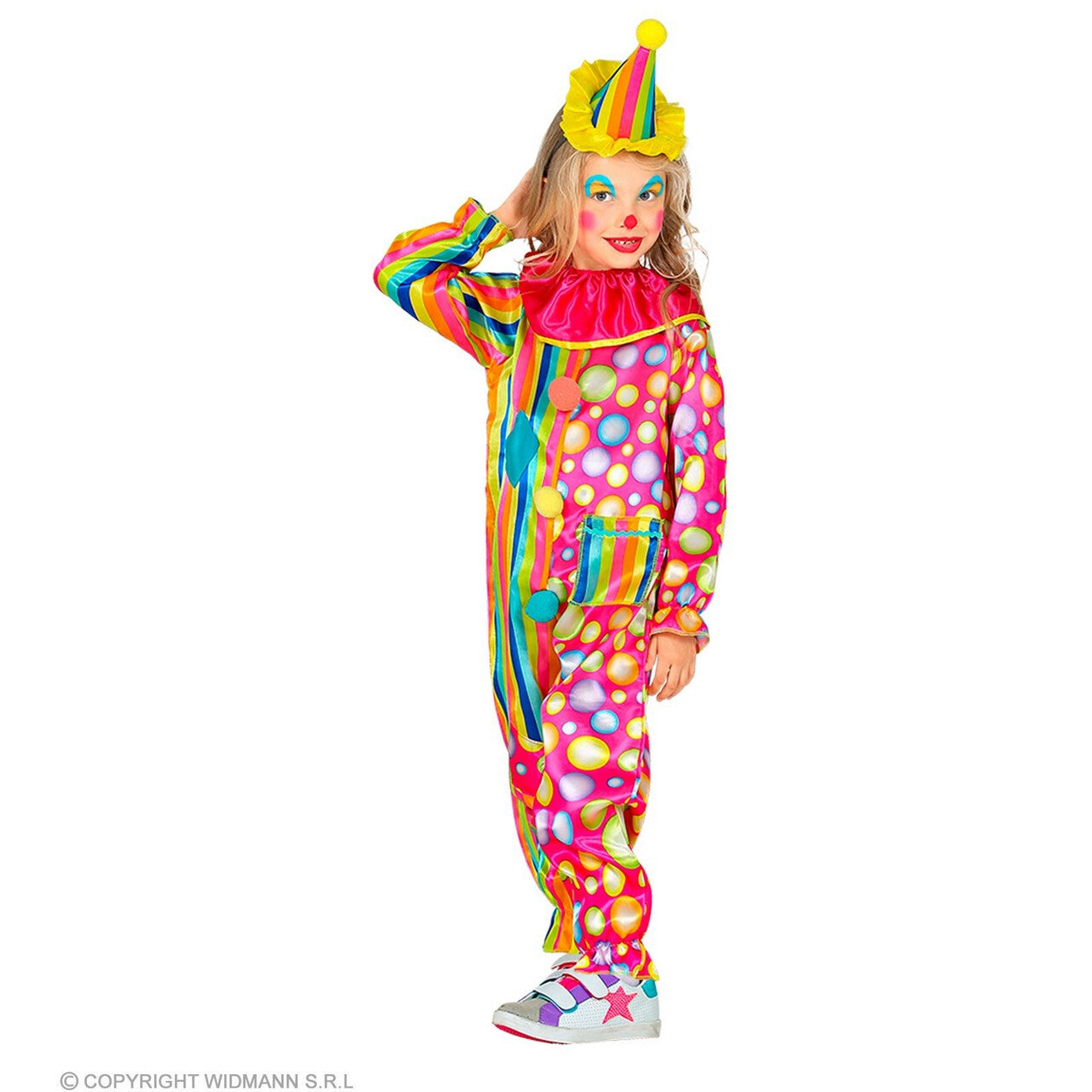Op deze afbeelding zie je een Kostuums, van het merk Widmann. Zeer Vrolijke Regenboog Clown Kind Kind Kostuum