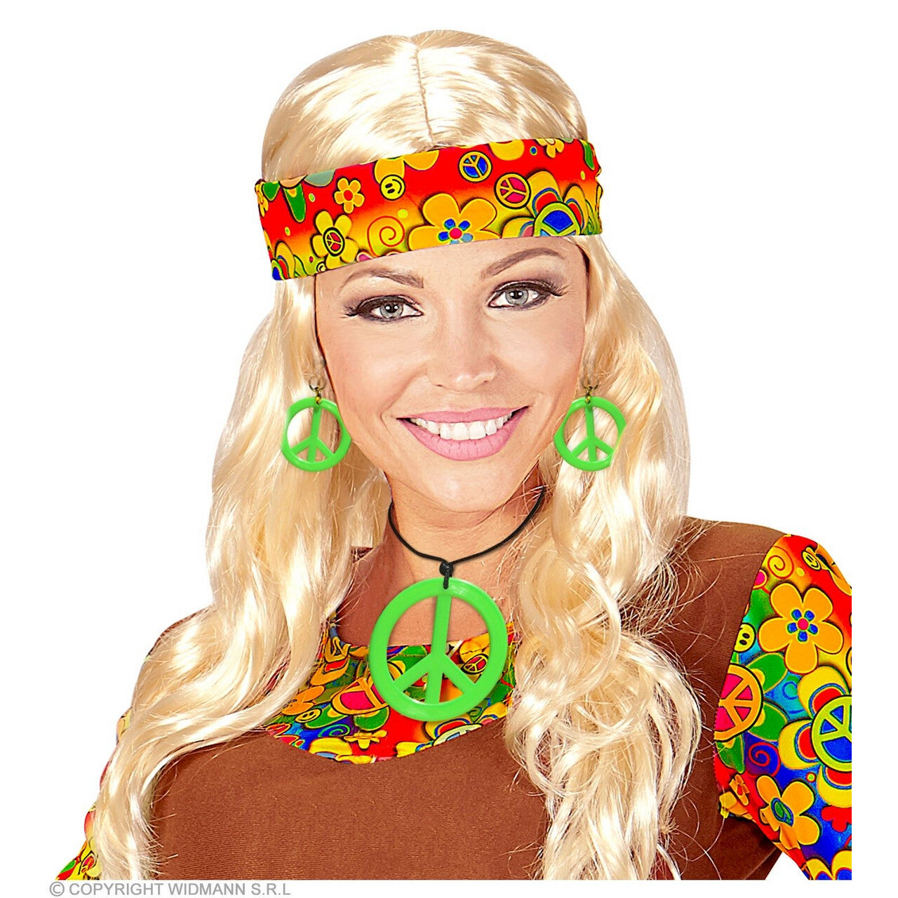 Op deze afbeelding zie je een Accessoires, van het merk Widmann. Hippie Set Peace Ketting En Oorbellen Neon Groen